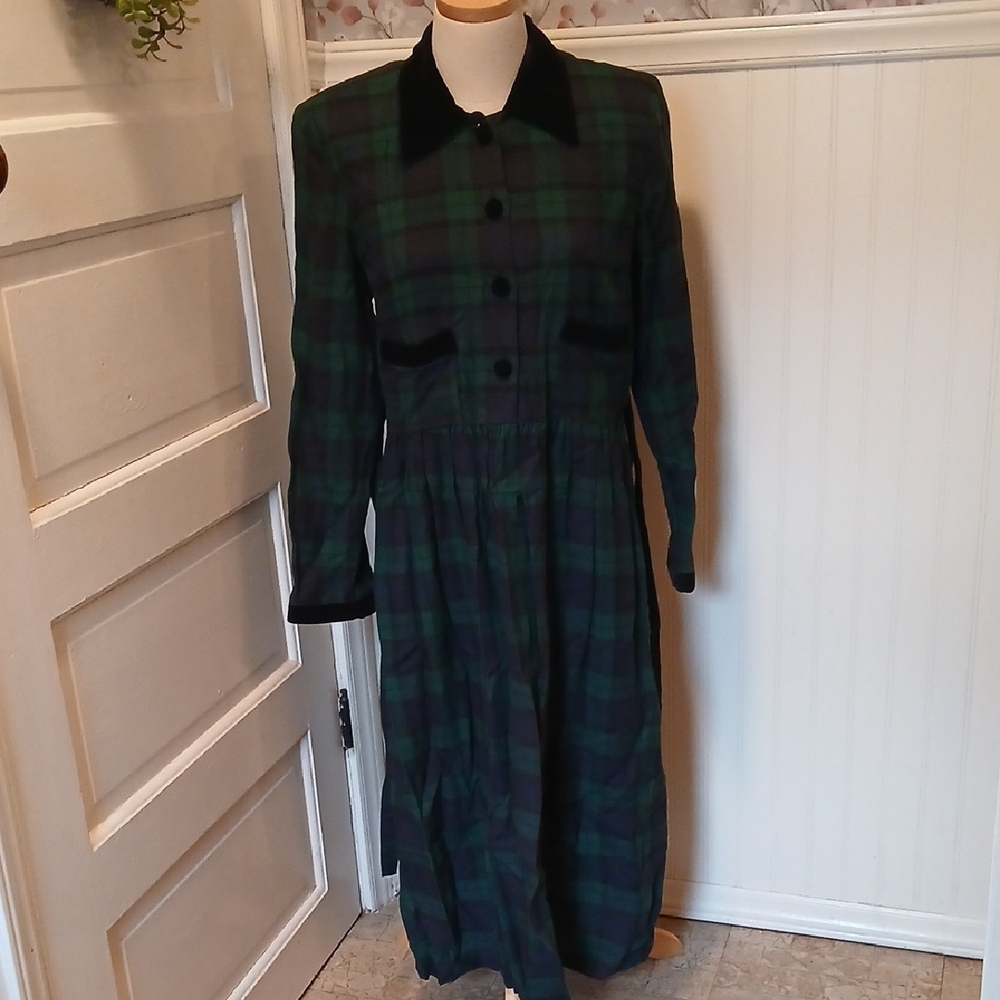 Vintage 70s 90s Y2k Kathie Lee Collection Green and Black Long Sleeve Dress